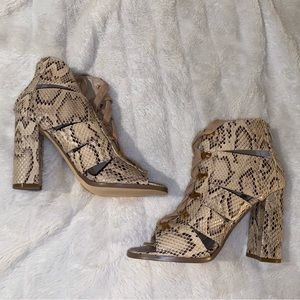 Women’s snakeskin open toed heels, size 6.5